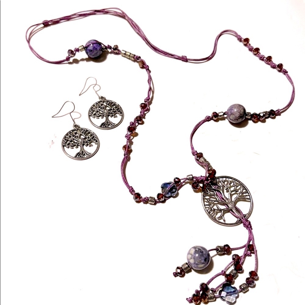 VINTAGE TREE OF LIFE AMETHYST DANGLE ADJUSTABE TIE 30-40" NECKLACE EARRING SET - Picture 8 of 11